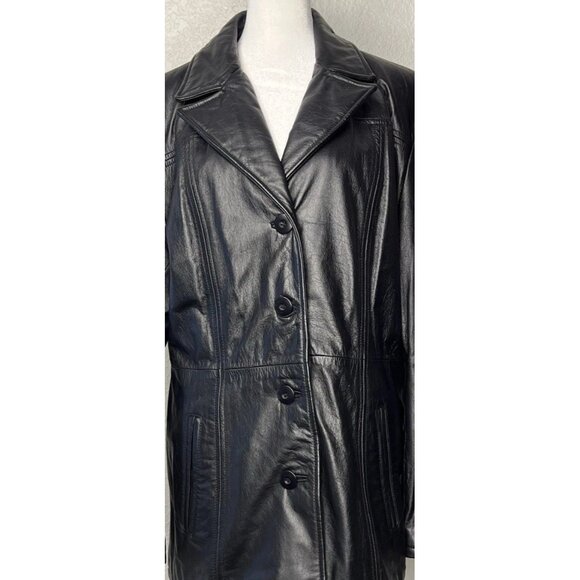 Wilson’s Black Leather Coat  Woman’s Sz L Excellent Condition Front Button - Picture 2 of 13